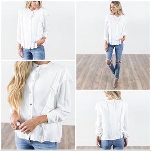 Tops - Ruffle accent button up white blouse size m/l Tops - Ruffle accent button up white blouse size m/l